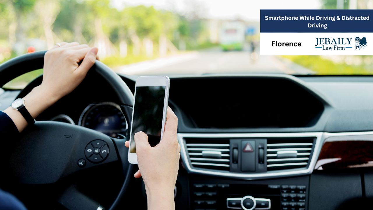 A person is holding a smartphone while driving in a car, highlighting the theme of distracted driving.